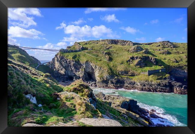 Tintagel Castle Bridge and Headland Framed Print by Tracey Turner