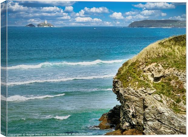 Godrevy Lighthouse from Hayle Towans cliffs Cornwa Canvas Print by Roger Mechan