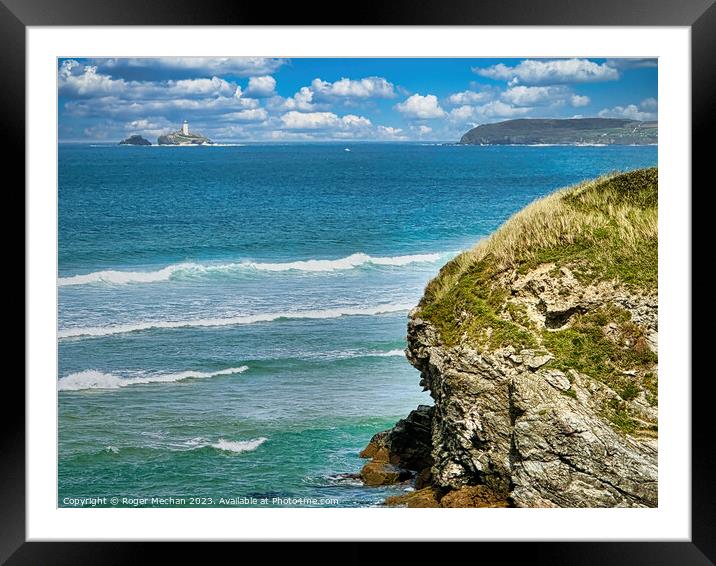 Godrevy Lighthouse from Hayle Towans cliffs Cornwa Framed Mounted Print by Roger Mechan