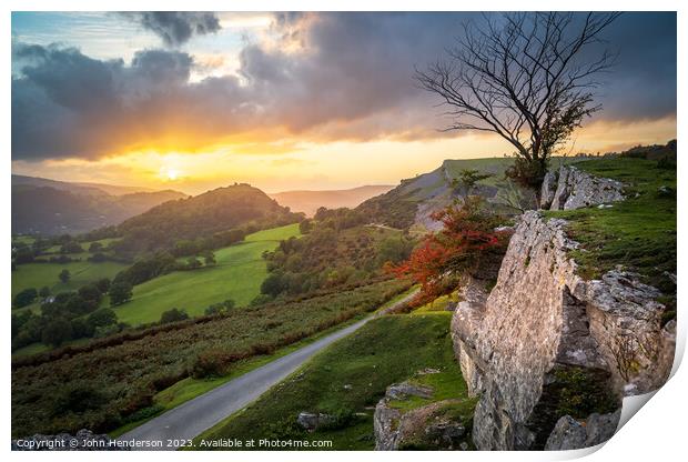 Hawthorn sunset Llangollen. Print by John Henderson