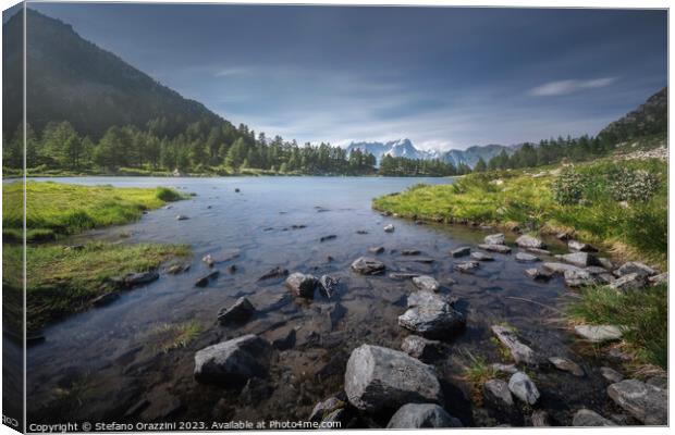 The Arpy Lake and the Mont Blanc massif. Aosta valley Canvas Print by Stefano Orazzini