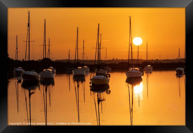 Boat Sunrise River Crouch  Framed Print by johnny weaver