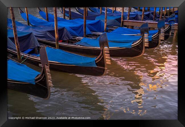 Gondolas Moored at the side of the Grand Canal Framed Print by Michael Shannon
