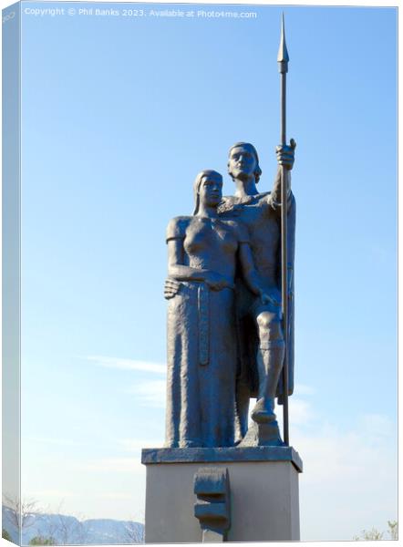Akureyri Iceland - Statue of Thorunn Hyrna (f) and Helgi Magri (m) Canvas Print by Phil Banks