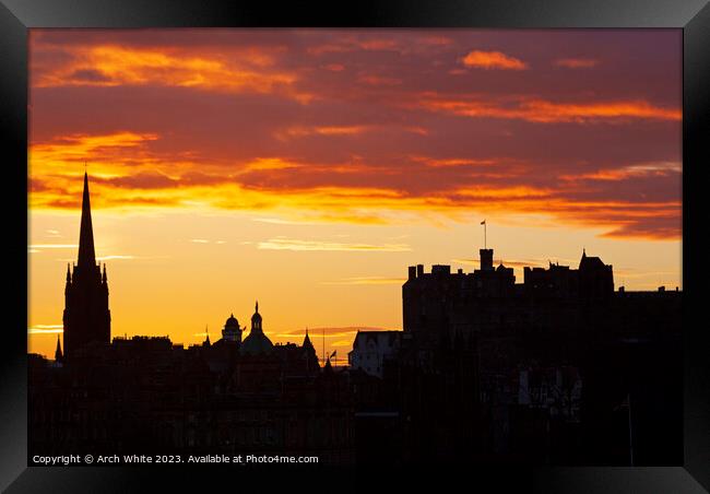 Sunset silhouette of Edinburgh Castle, Edinburgh,  Framed Print by Arch White
