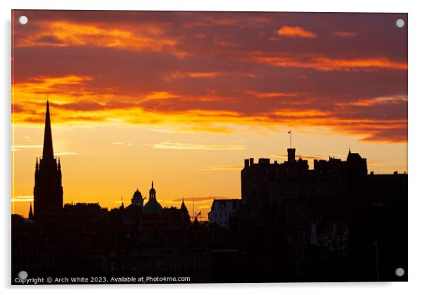 Sunset silhouette of Edinburgh Castle, Edinburgh,  Acrylic by Arch White