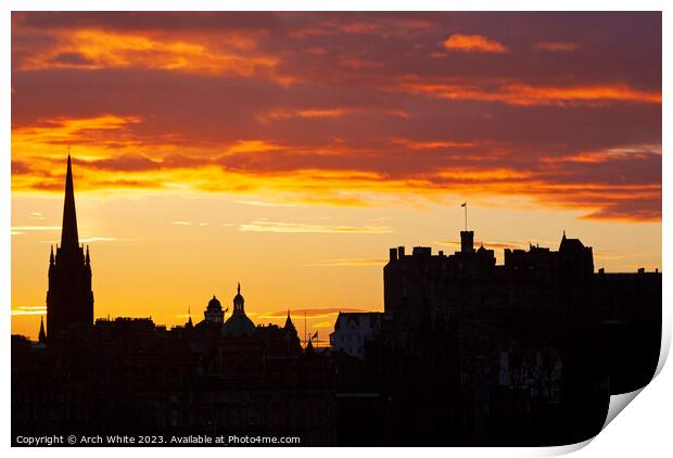 Sunset silhouette of Edinburgh Castle, Edinburgh,  Print by Arch White