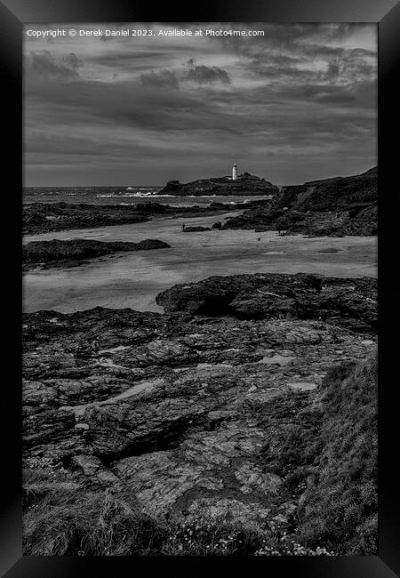 Godrevy Lighthouse, Cornwall (mono) Framed Print by Derek Daniel