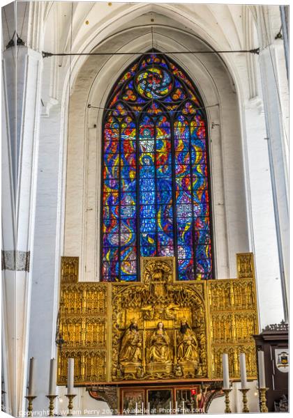 Mary Jesus Stained Glass Altar St Mary's Church Gdansk Poland Canvas Print by William Perry