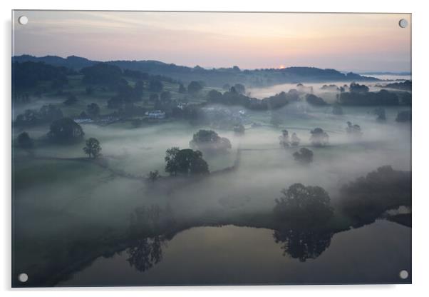 Early Morning Mist Esthwaite Water and Near Sawrey Acrylic by Chester Tugwell