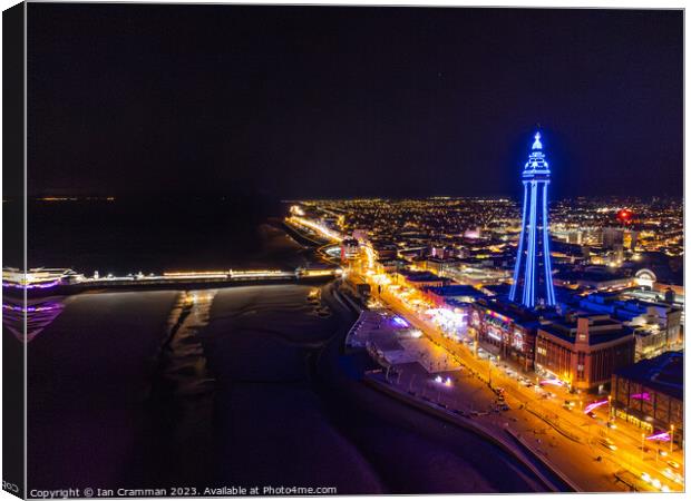 Blackpool Promenade and Tower from the air at night Canvas Print by Ian Cramman
