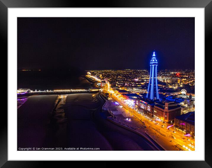 Blackpool Promenade and Tower from the air at night Framed Mounted Print by Ian Cramman