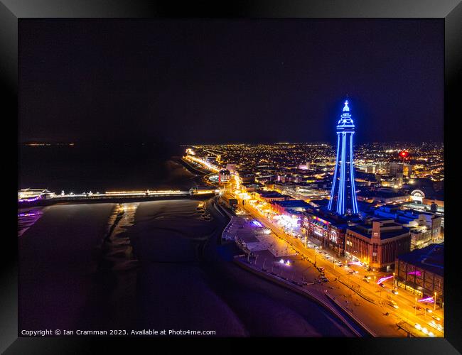 Blackpool Promenade and Tower from the air at night Framed Print by Ian Cramman