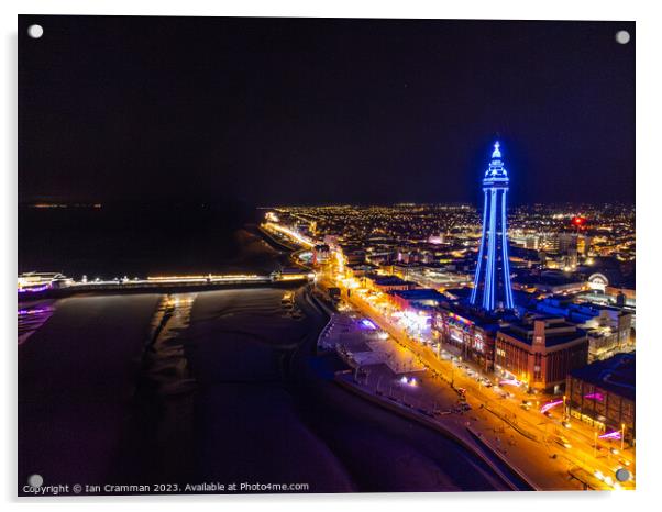 Blackpool Promenade and Tower from the air at night Acrylic by Ian Cramman
