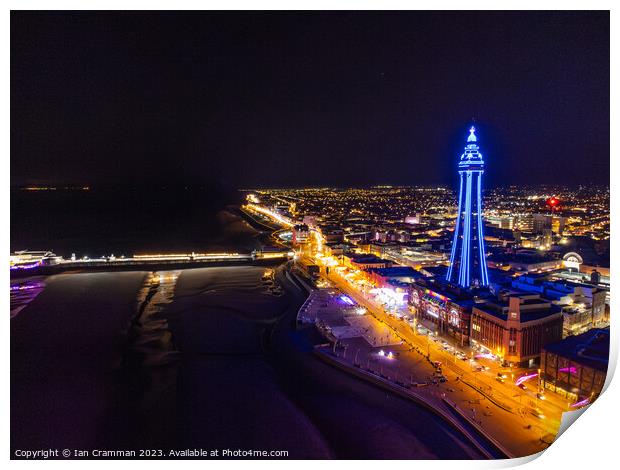 Blackpool Promenade and Tower from the air at night Print by Ian Cramman