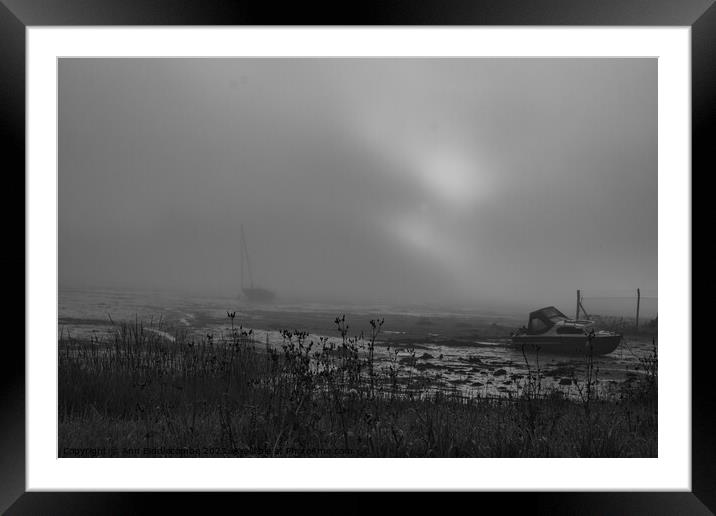 Wilcove in Torpoint on a misty morning in black and white Framed Mounted Print by Ann Biddlecombe