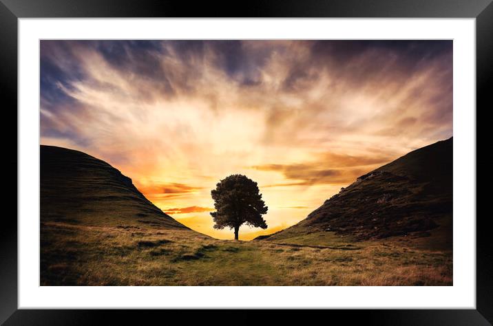 sunset behind the silhouette of Sycamore Gap Framed Mounted Print by Guido Parmiggiani