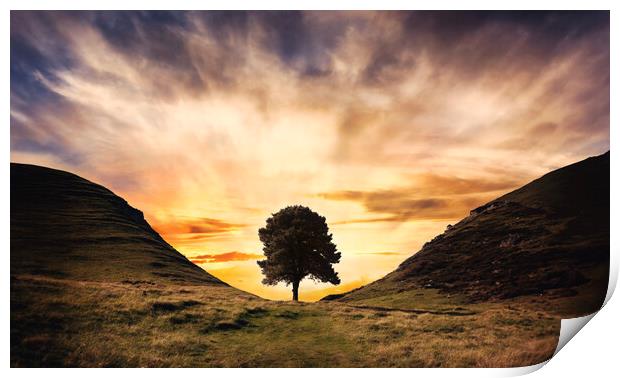 sunset behind the silhouette of Sycamore Gap Print by Guido Parmiggiani