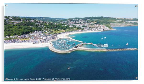 Aerial view of Lyme Regis including the Cobb Acrylic by Love Lyme Regis