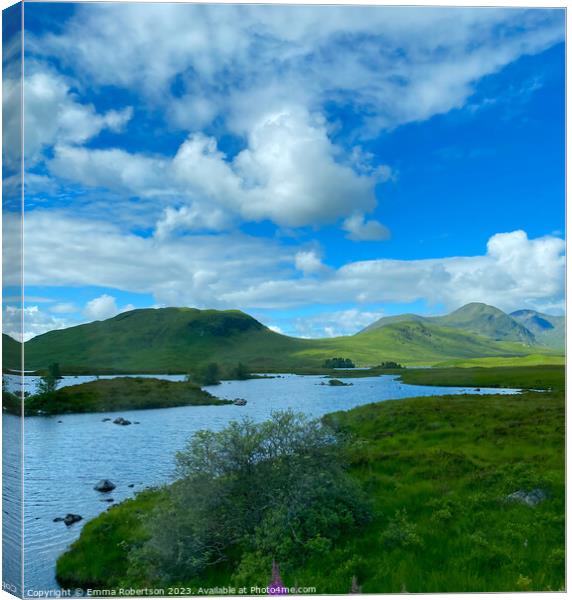 Loch and mountains, Bridge of Orchy, Glencoe Canvas Print by Emma Robertson