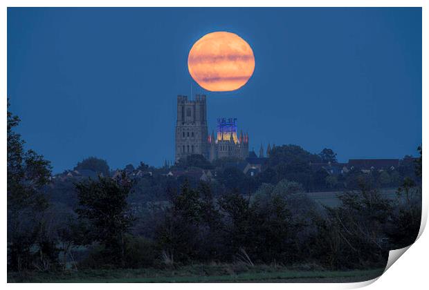 Harvest Moon rising behind Ely Cathedral, 29th September 2023 Print by Andrew Sharpe