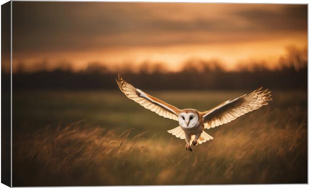 Barn Owl in flight at sunset.  Canvas Print by Guido Parmiggiani