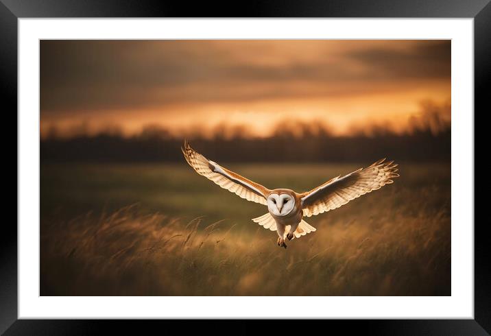 Barn Owl in flight at sunset.  Framed Mounted Print by Guido Parmiggiani