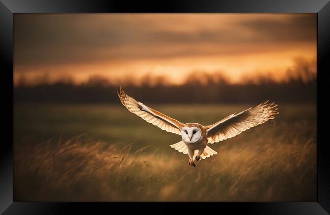 Barn Owl in flight at sunset.  Framed Print by Guido Parmiggiani
