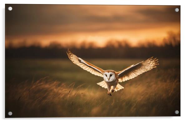 Barn Owl in flight at sunset.  Acrylic by Guido Parmiggiani