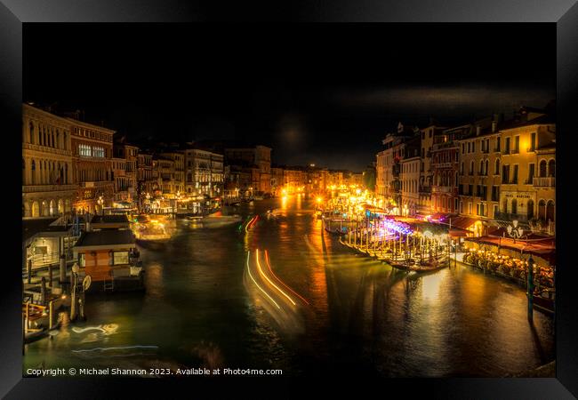 Night time view from Rialto Bridge, Venice Framed Print by Michael Shannon