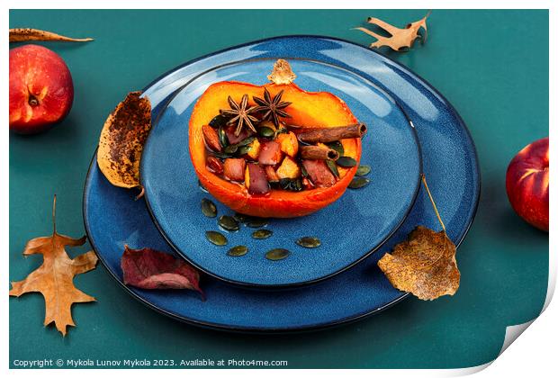 Baked pumpkin or squash with fruits and spices. Print by Mykola Lunov Mykola
