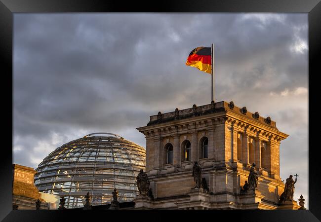 Reichstag Dome And Flag Of Germany In Berlin Framed Print by Artur Bogacki