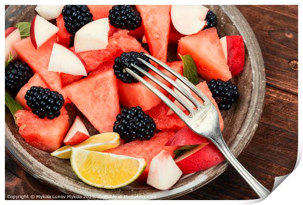 Fruity watermelon salad on a plate. Print by Mykola Lunov Mykola