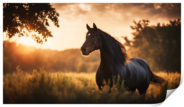 A horse standing in front of a sunset Print by Guido Parmiggiani