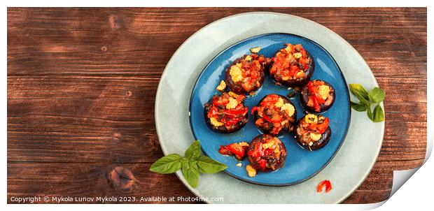 Plate with delicious stuffed mushrooms Print by Mykola Lunov Mykola