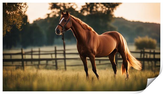 beautiful brown mare at sunset Print by Guido Parmiggiani