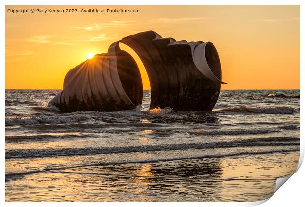 Marys Shell At Sunset with a golden sky Print by Gary Kenyon
