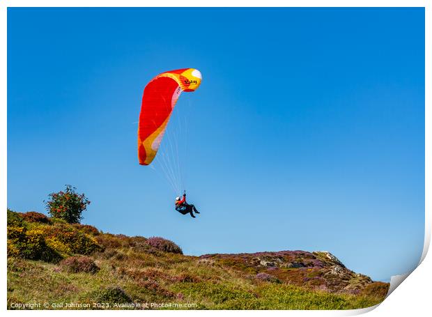 Views around Conwy Mountain and some paragliders Print by Gail Johnson