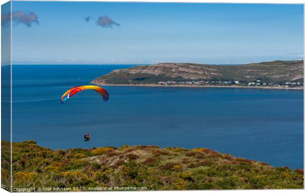 Views around Conwy Mountain and some paragliders Canvas Print by Gail Johnson