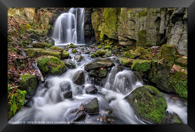 Lumsdale waterfall and rocks Framed Print by Chris Drabble