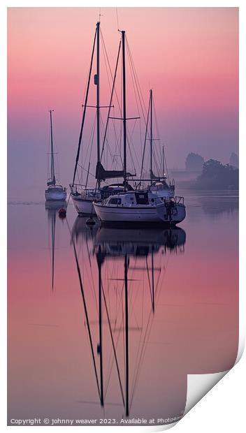 Boat Sunrise reflections River Crouch Essex Print by johnny weaver