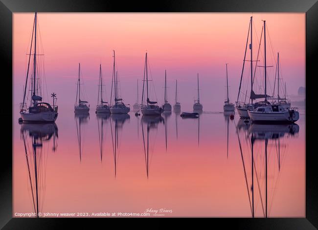Boat Sunrise reflections River Crouch Essex Framed Print by johnny weaver