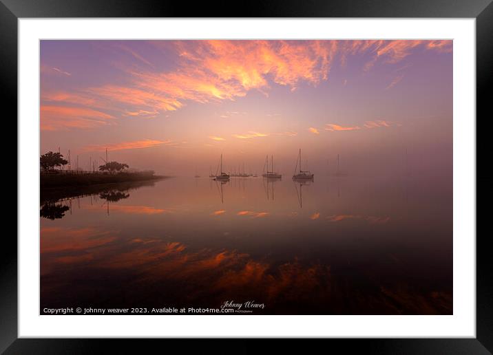 Misty Boat Sunrise reflections River Crouch Essex Framed Mounted Print by johnny weaver