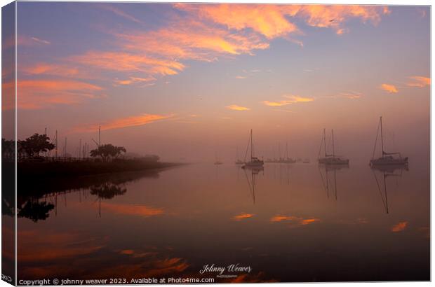 Misty Boat Sunrise reflections River Crouch Essex Canvas Print by johnny weaver