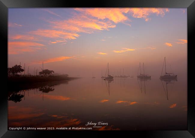 Misty Boat Sunrise reflections River Crouch Essex Framed Print by johnny weaver