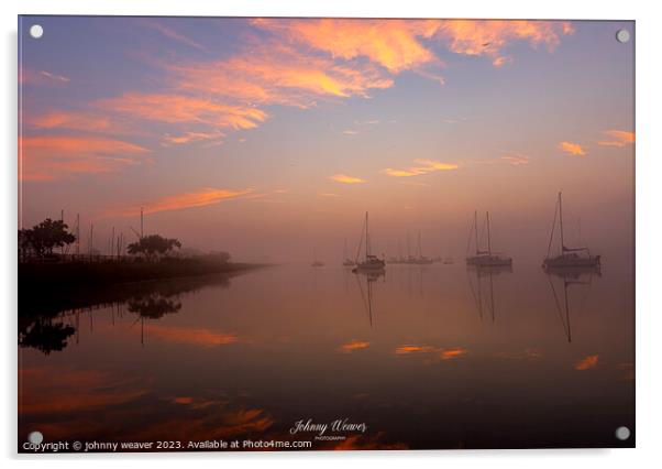 Misty Boat Sunrise reflections River Crouch Essex Acrylic by johnny weaver
