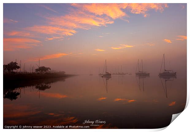 Misty Boat Sunrise reflections River Crouch Essex Print by johnny weaver
