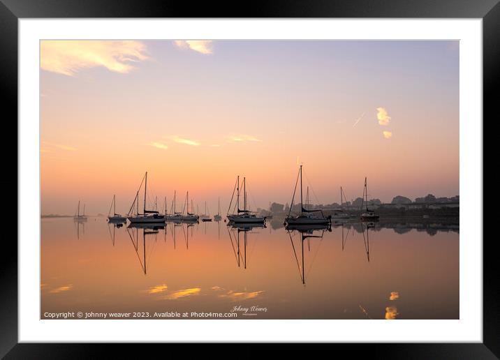 Misty Boat Sunrise reflections River Crouch Essex Framed Mounted Print by johnny weaver