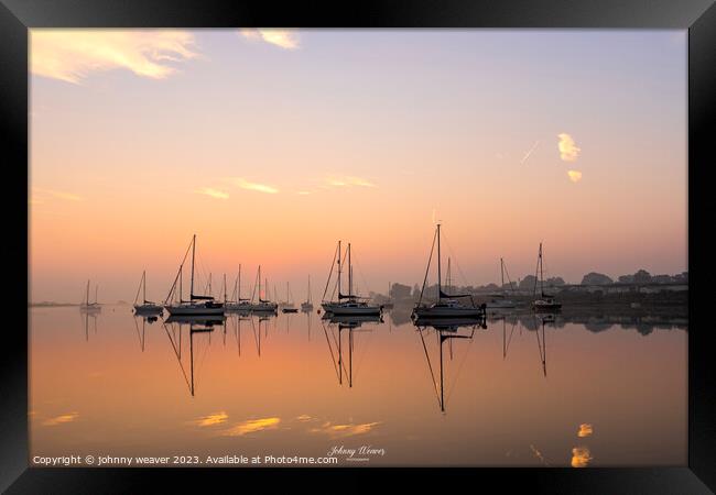 Misty Boat Sunrise reflections River Crouch Essex Framed Print by johnny weaver