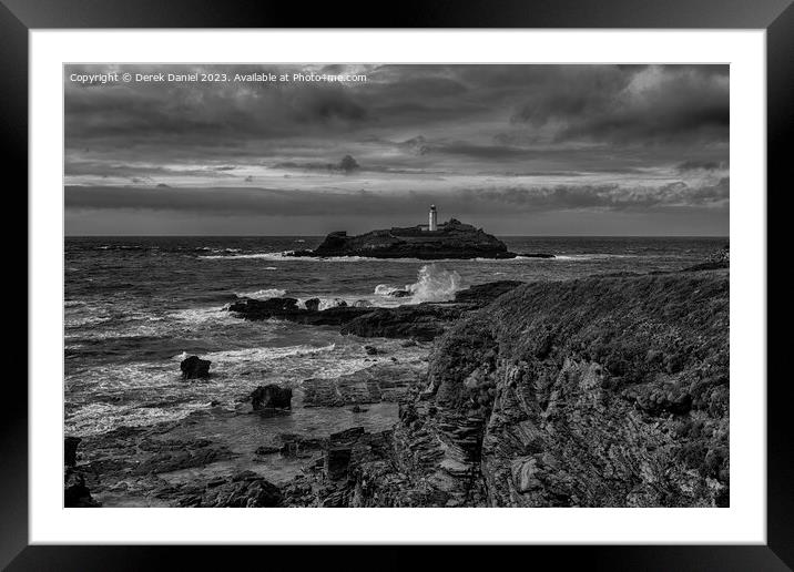 The Lighthouse at Godrevy, Cornwall (mono) Framed Mounted Print by Derek Daniel